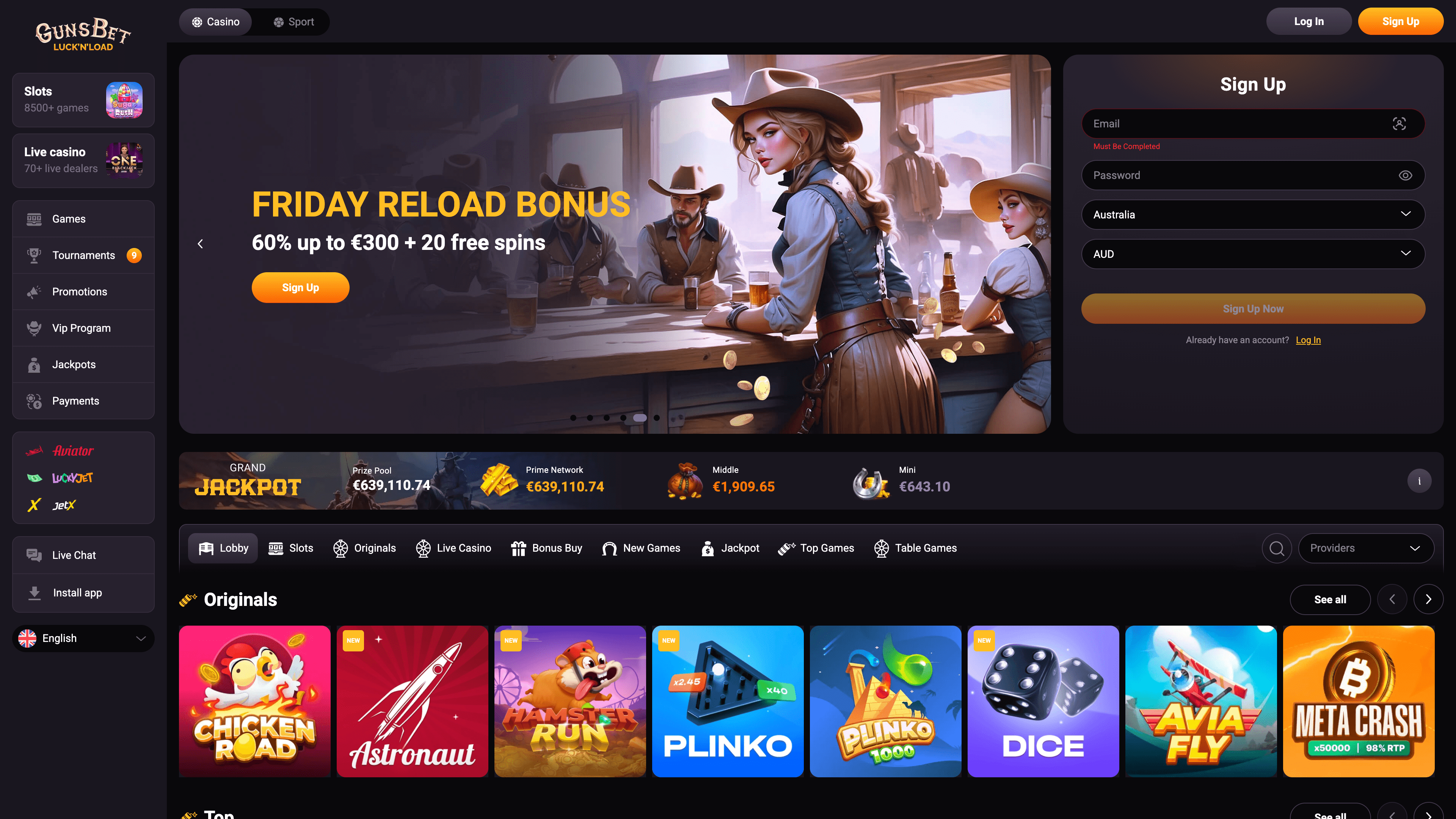 GunsBet Casino Main Page