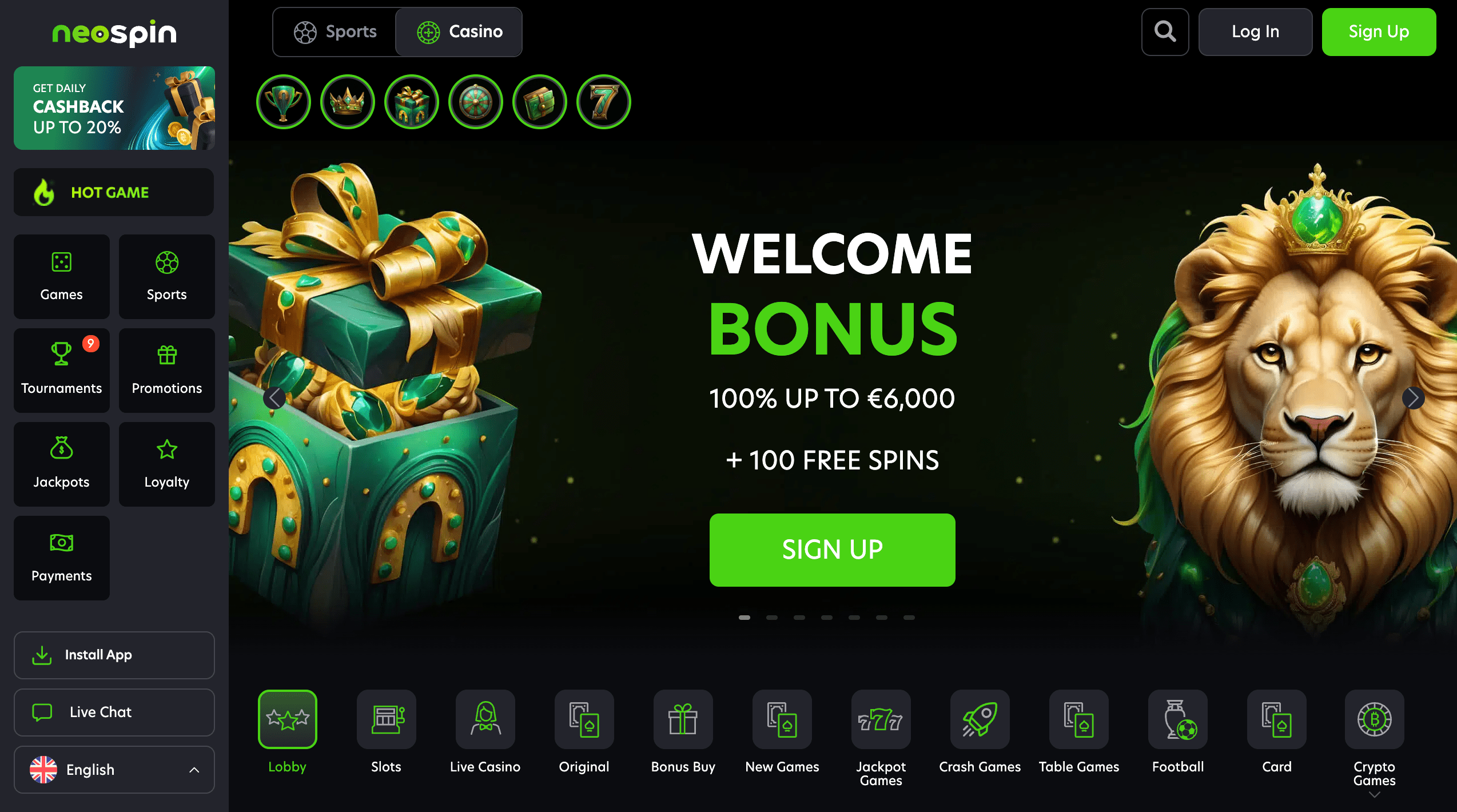 NeoSpin Casino Main Page