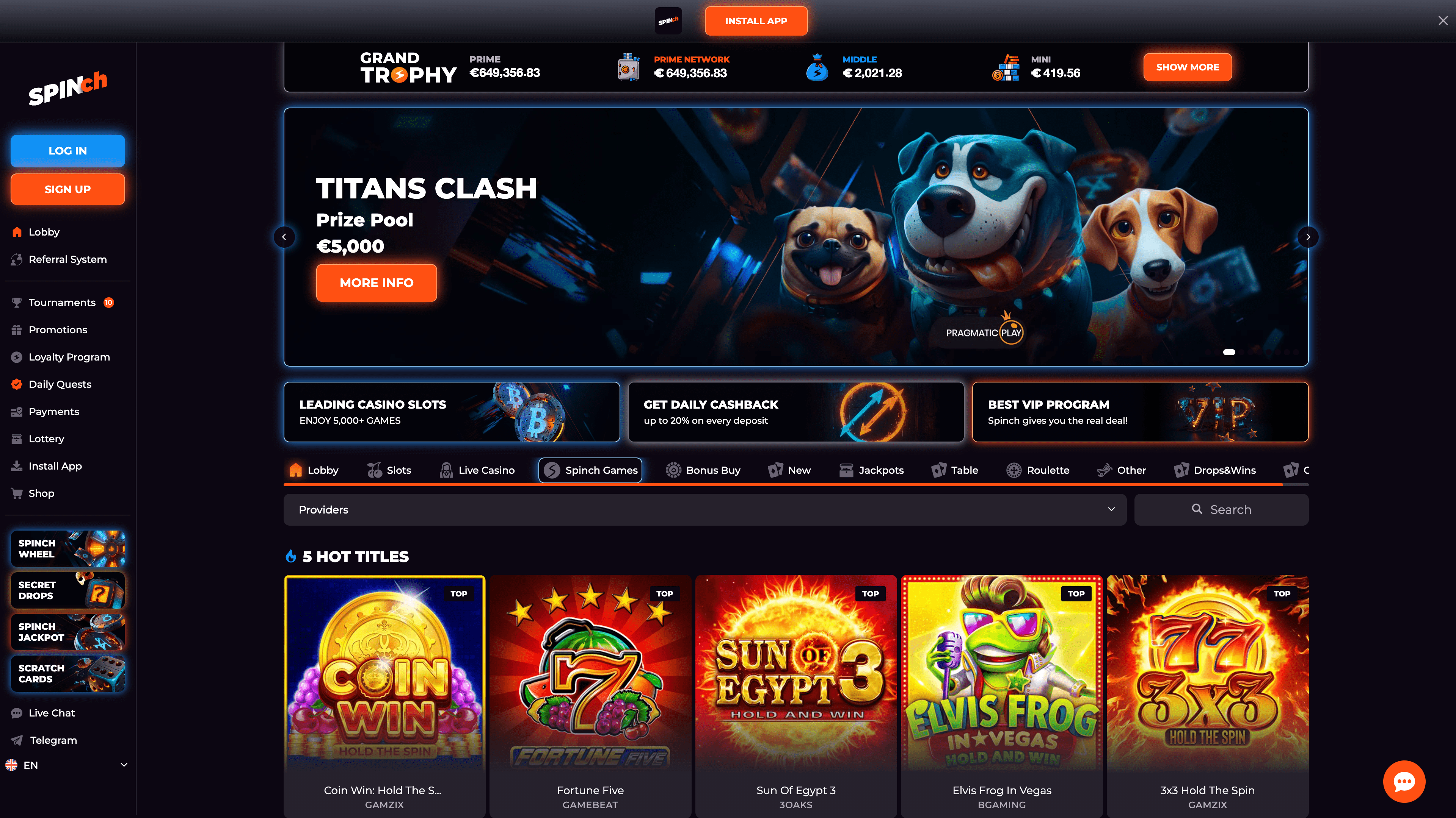 Spinch Casino Main Page