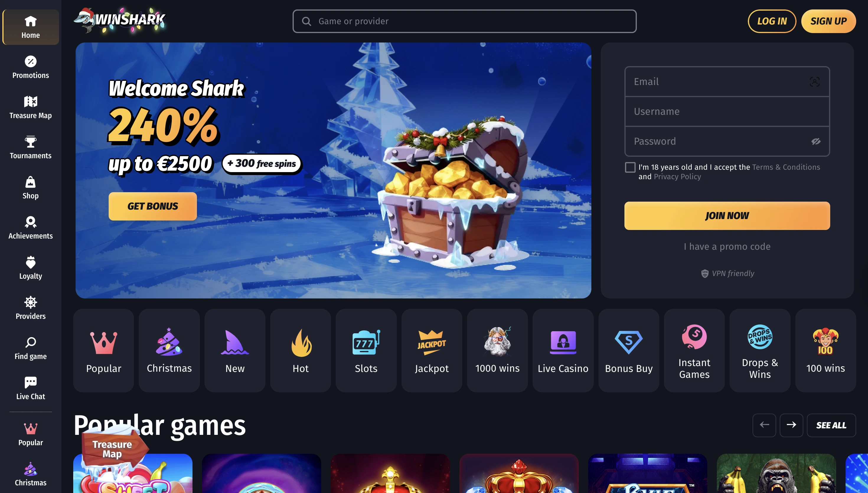 WinShark Casino Main Page